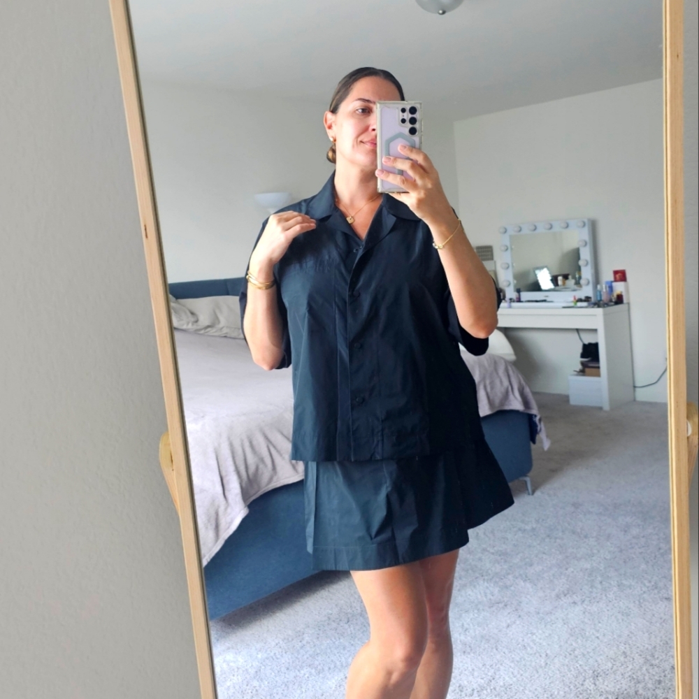 COS set Prada Style BOXY SHELL-PANEL BOWLING SHIRT and SKIRT